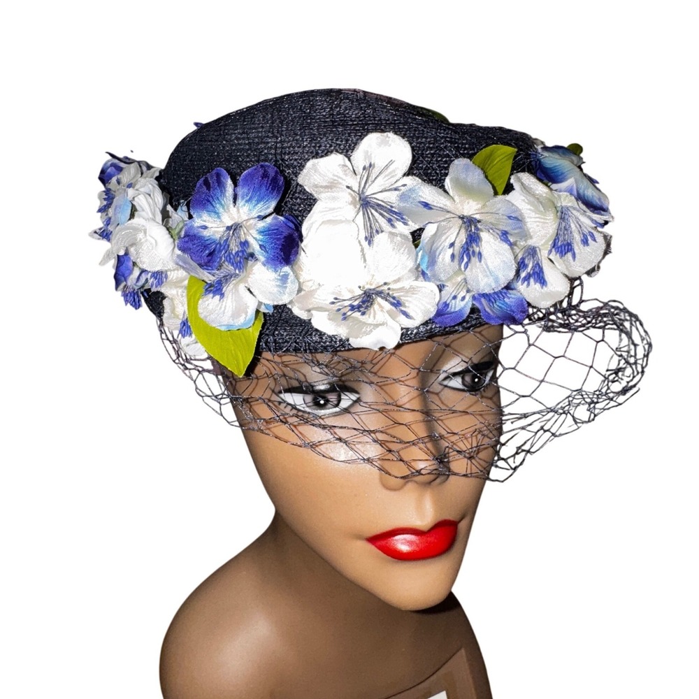 Vintage Luci Puci Bloomingdales Navy Straw Floral Pillbox Hat Birdcage Veil 22